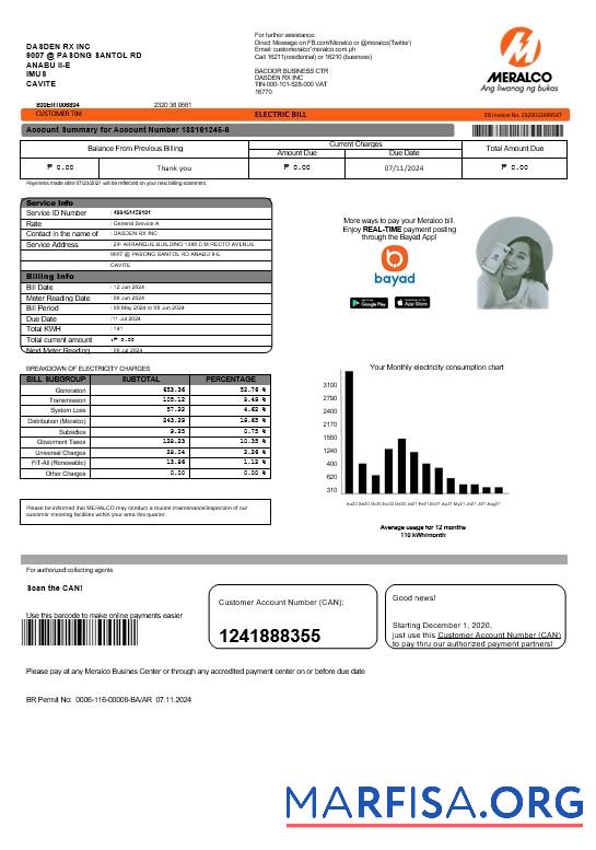 Blank Philippines Meralco electricity business utility bill template in Word and PDF formats, version 2